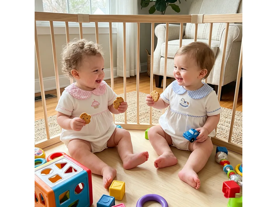 Two babies sitting in a playpen wearing the gingham collar onesies.