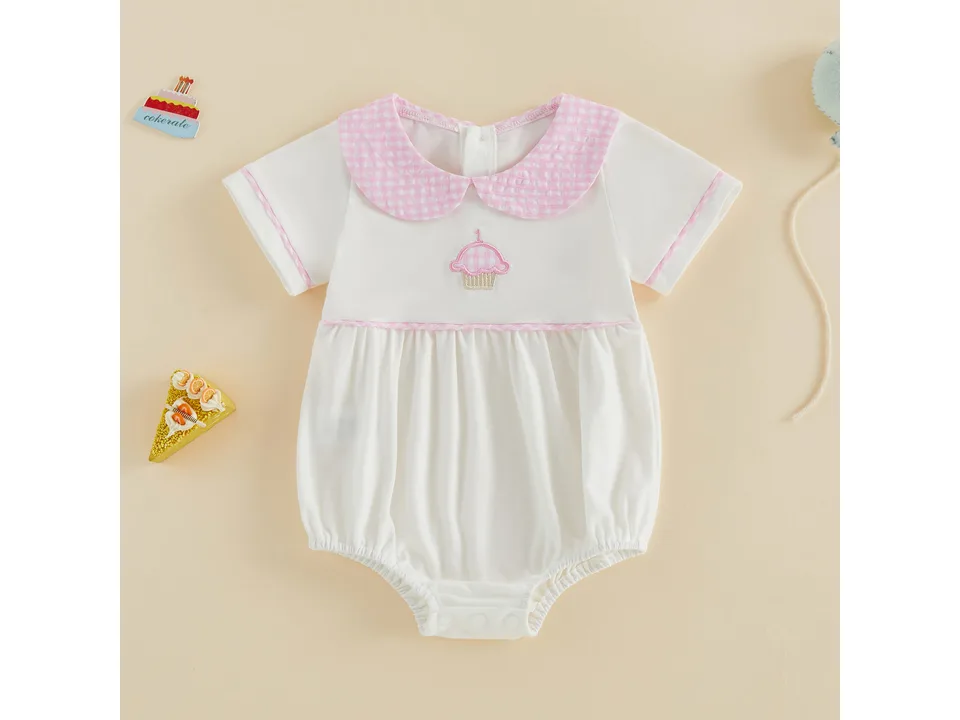 White baby onesie with a pink gingham collar and cupcake embroidery.