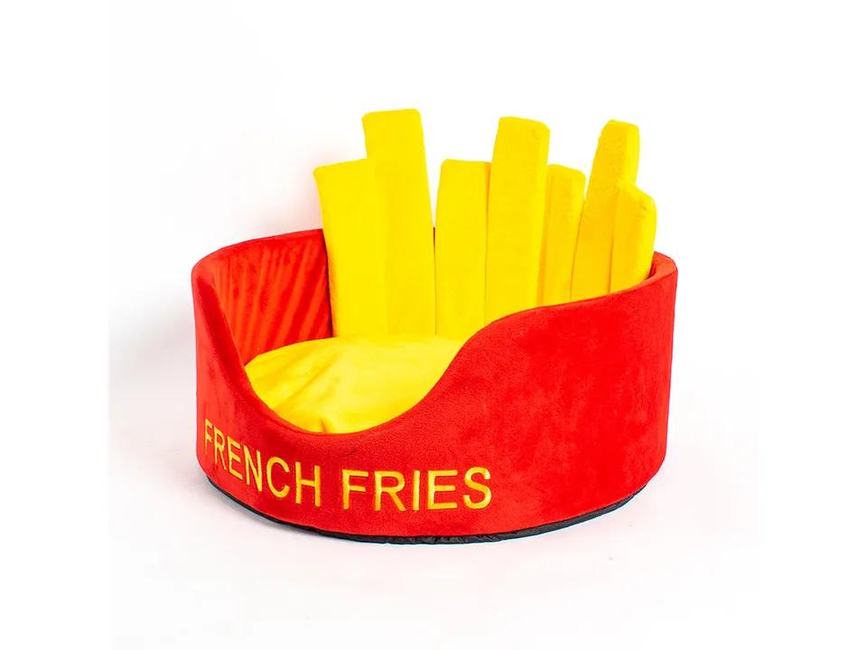 A plush pet bed designed to look like a container of french fries.