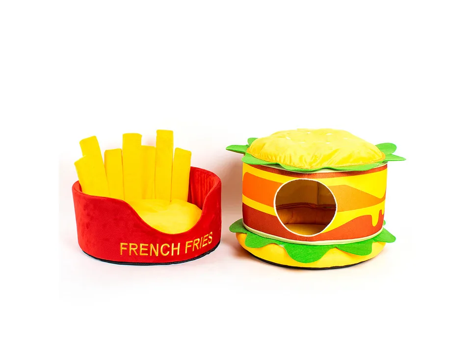 A burger-shaped cat bed and a french fry-shaped pet cushion side by side.