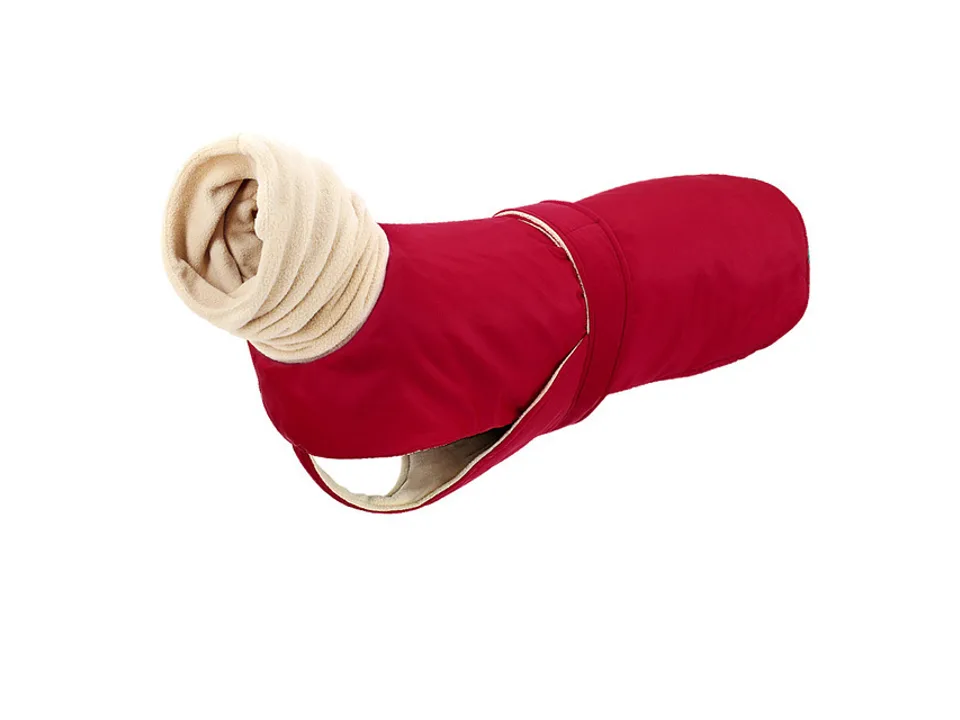Red dog coat with a long neck collar.