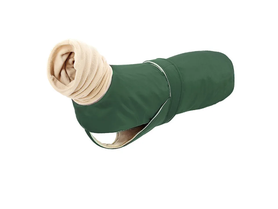 Green dog coat with a long neck collar.