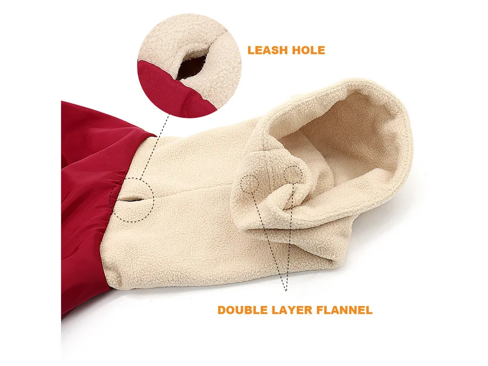 Close-up of the dog coat showing the leash hole and double layer flannel lining.