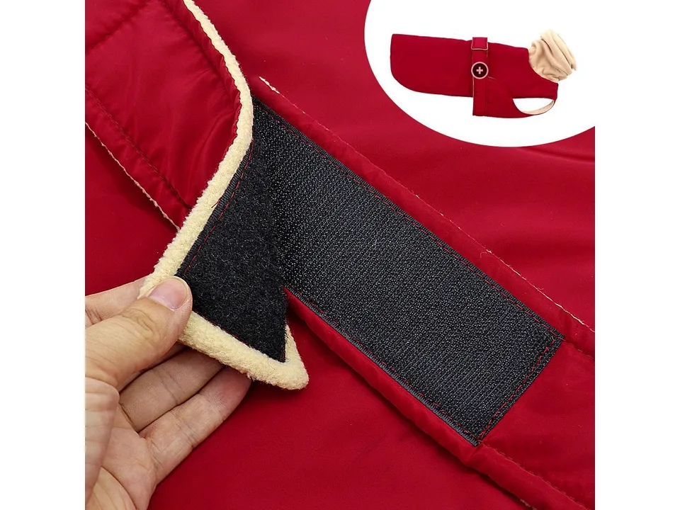 Close-up of the velcro closure on the dog coat.