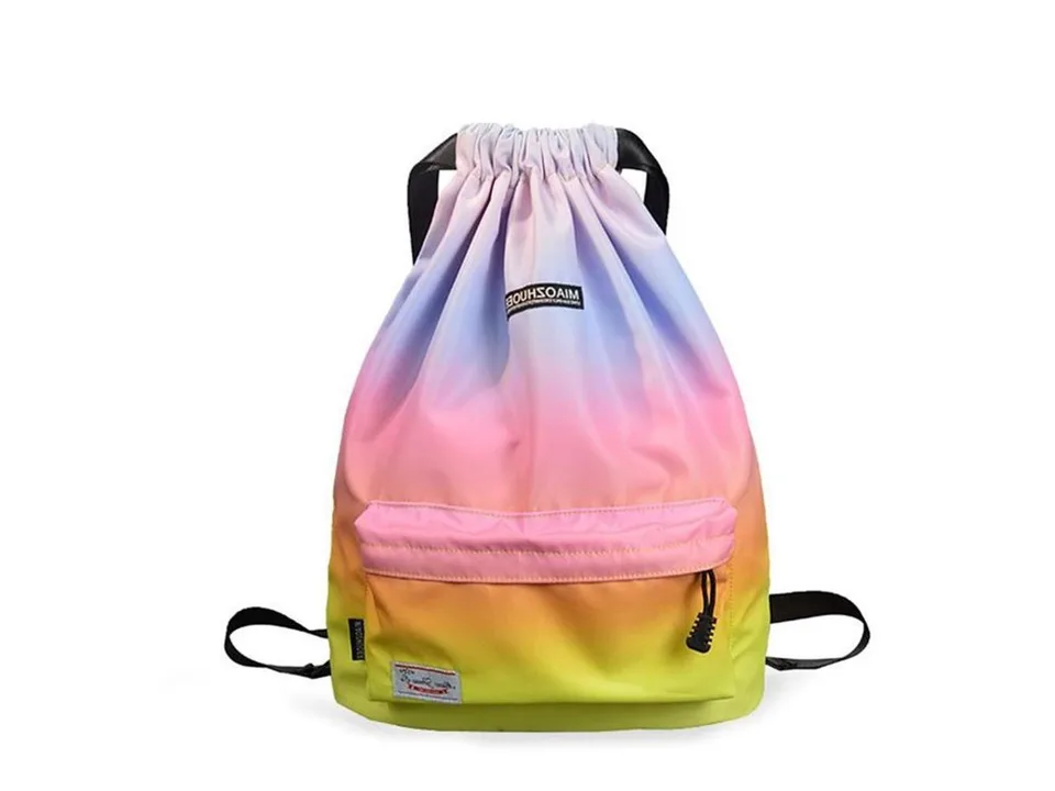 Multi-color gradient drawstring backpack with front pocket