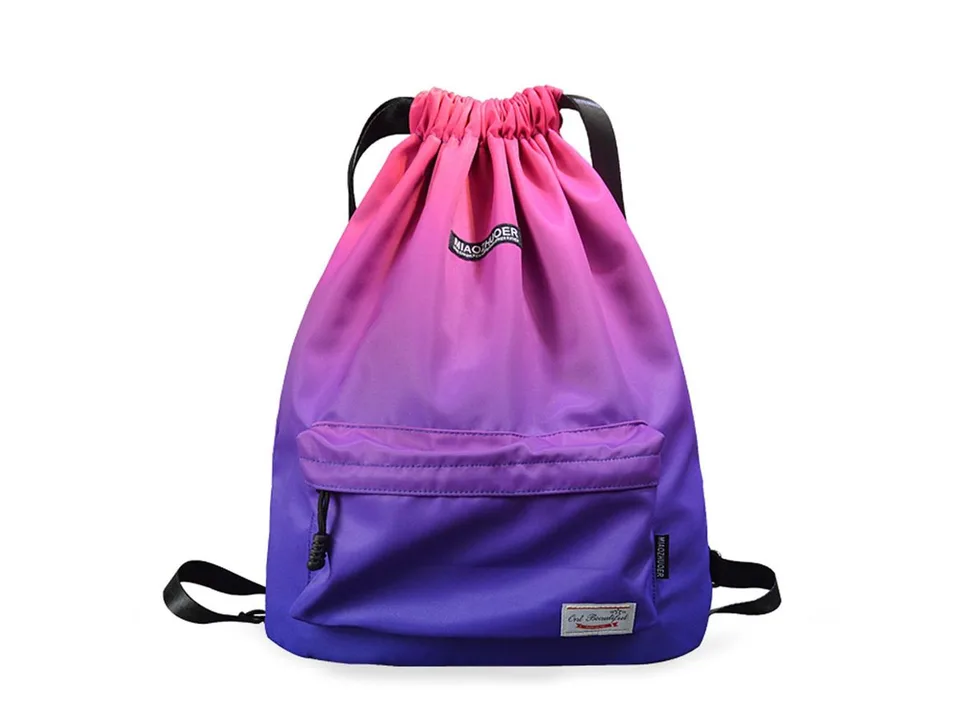 Purple drawstring backpack with front pocket
