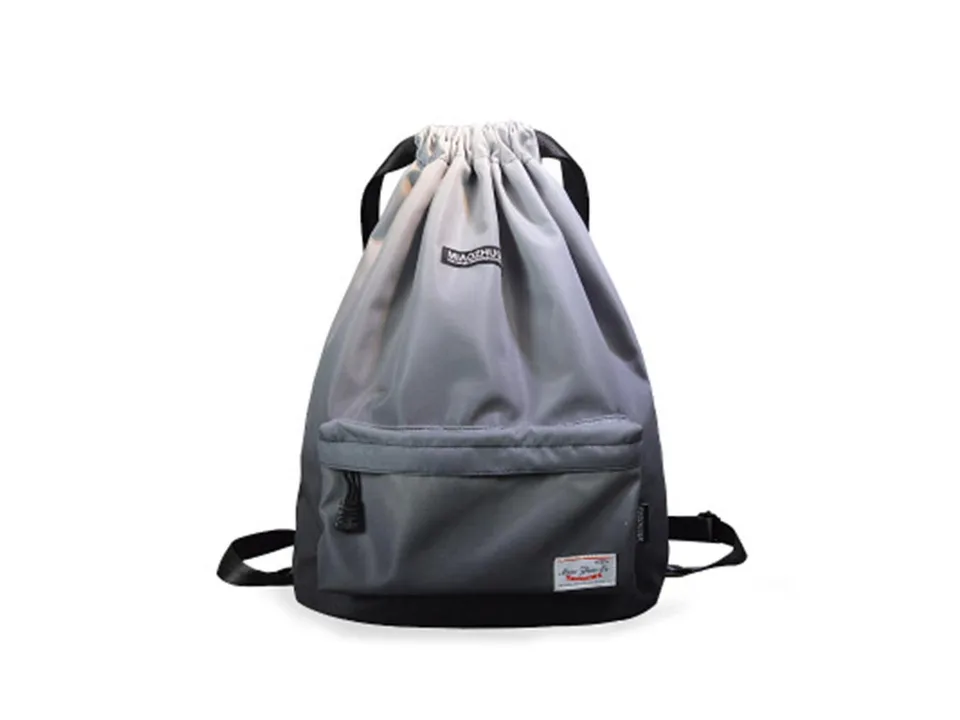 Grey drawstring backpack with front pocket