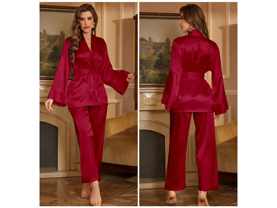 A woman wearing a red satin pajama set, shown from both the front and the back.