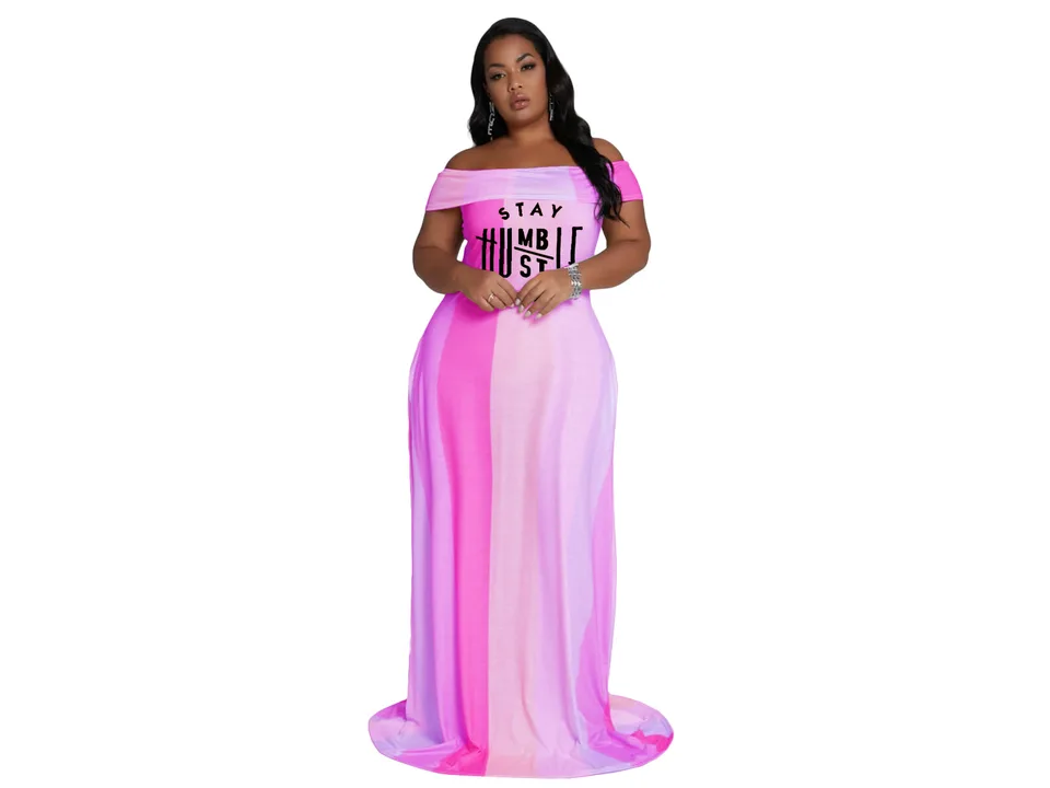 Model wearing the pink striped off-shoulder maxi dress with 'Stay Humble' graphic.