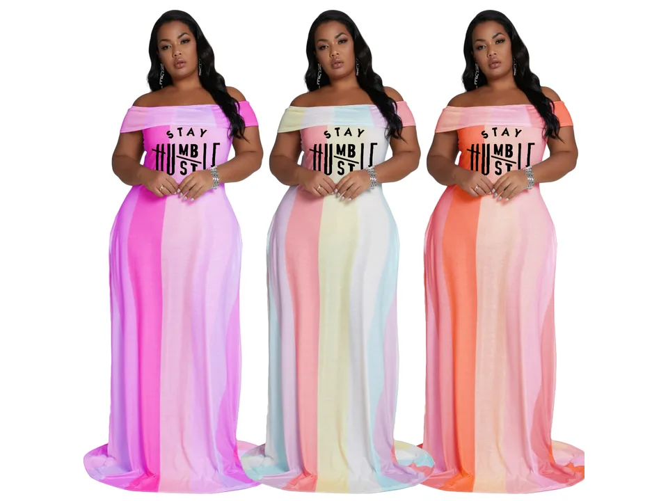 Three models wearing the striped off-shoulder maxi dress in pink, pastel, and orange colorways.