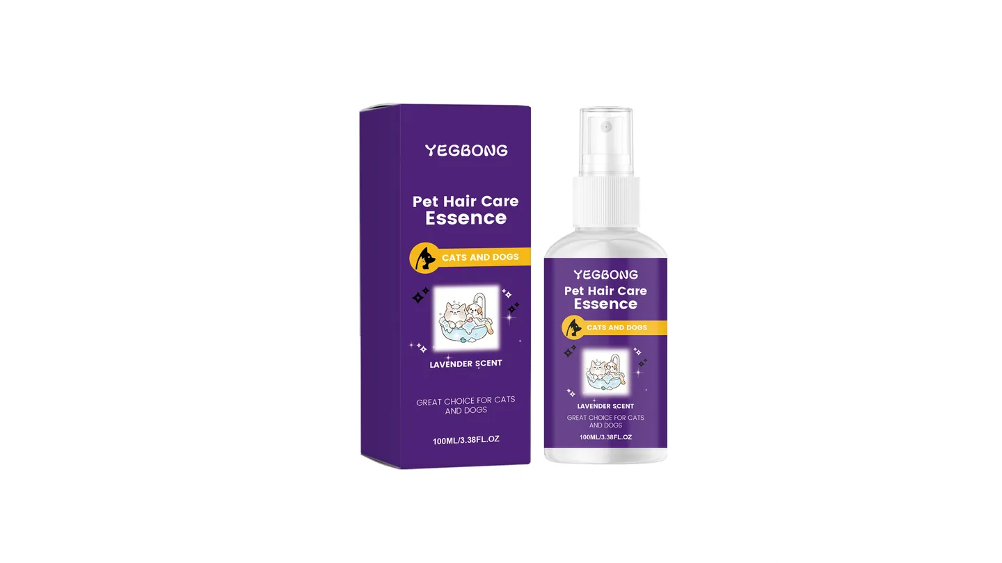 Yegbong Pet Hair Care Essence spray bottle and its purple box.