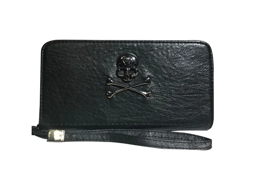Black zip-around wallet with a silver skull and crossbones emblem and wrist strap.