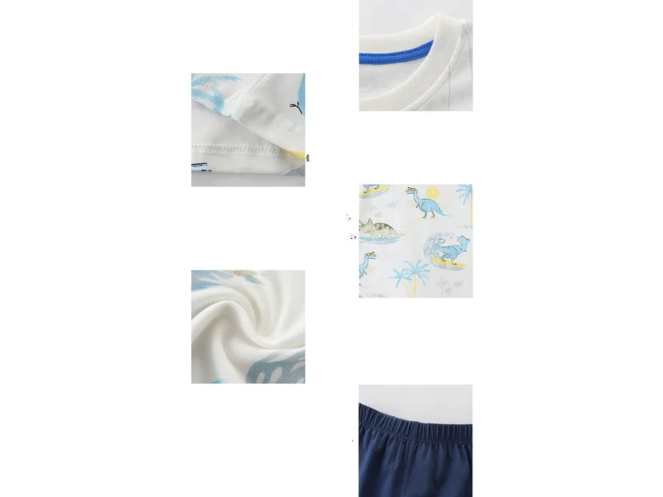 Close-up details of the t-shirt fabric, collar, and shorts waistband