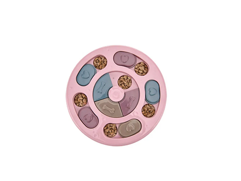 Round dog puzzle feeder bowl with treat compartments.