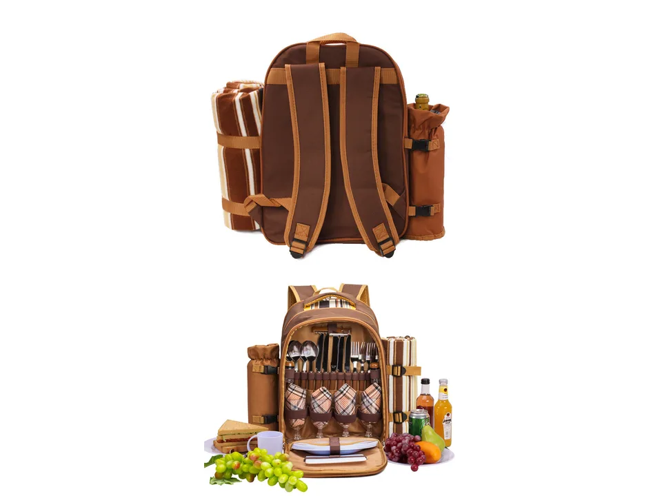 Brown picnic backpack open, showing cutlery, plates, and glasses inside.