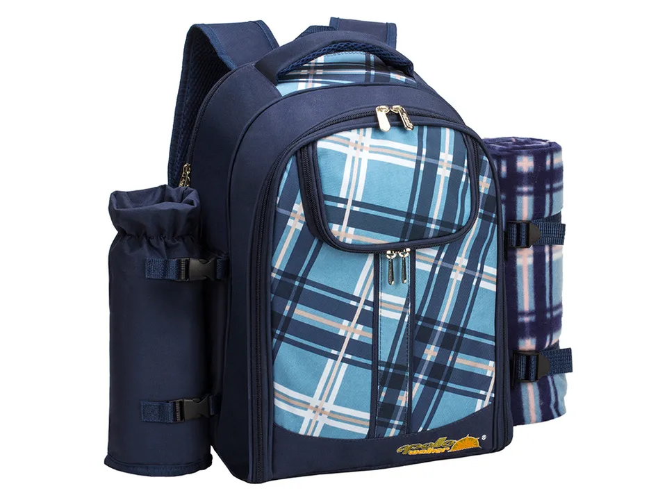 Blue plaid picnic backpack with side bottle holder and rolled blanket.