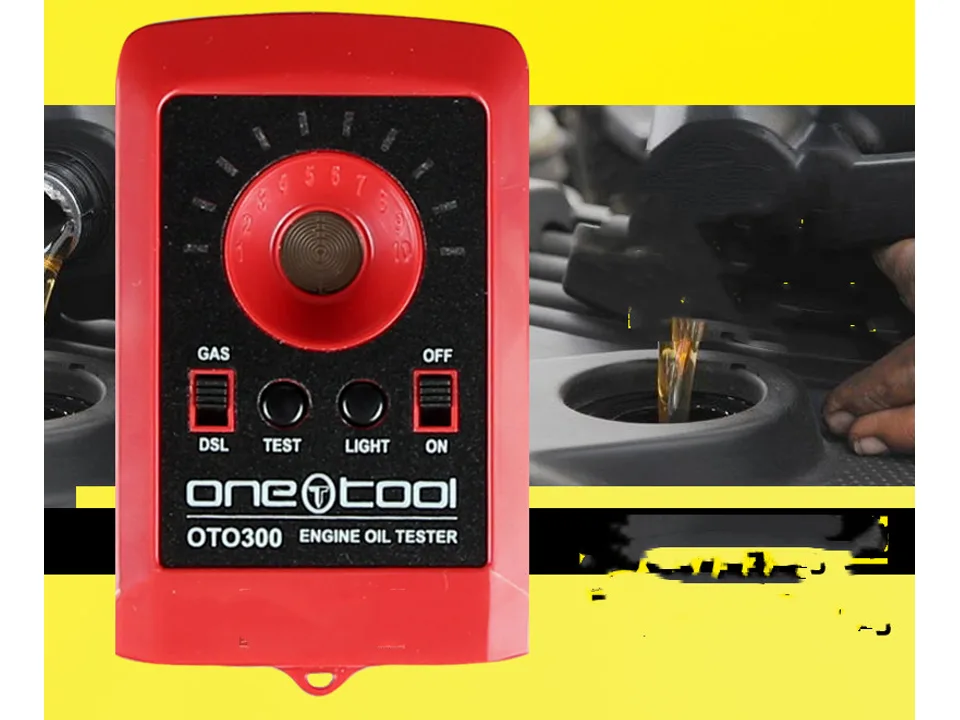 Engine oil tester device next to an image of oil being poured into an engine.
