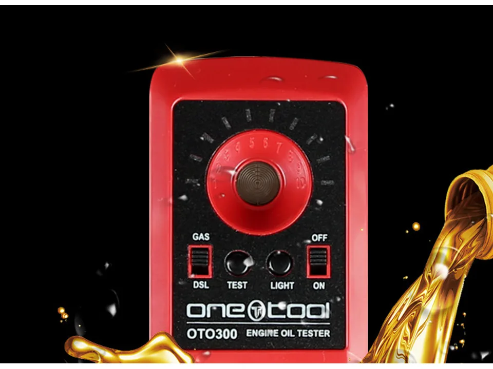 Red engine oil tester device on a black background with oil splash graphic.