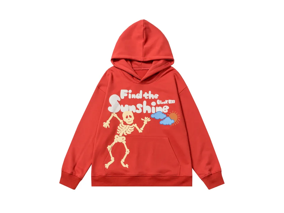Red hooded sweatshirt with a skeleton graphic and 'Find the Sunshine' text on the front.
