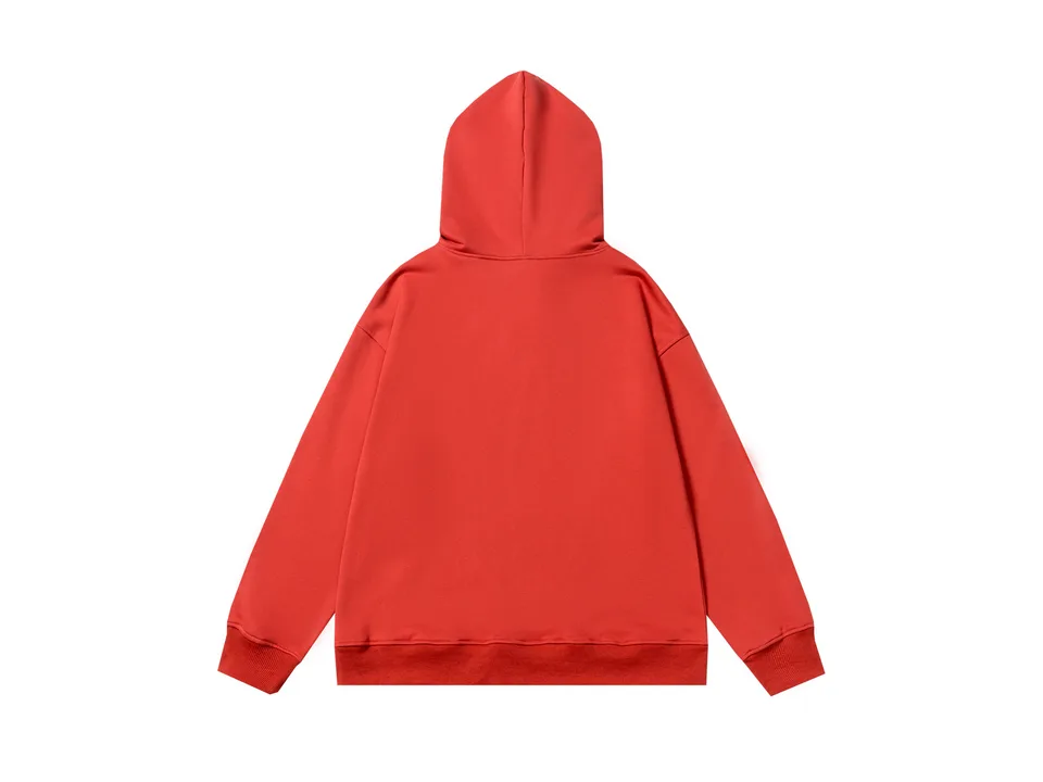 Back view of the plain red hooded sweatshirt.