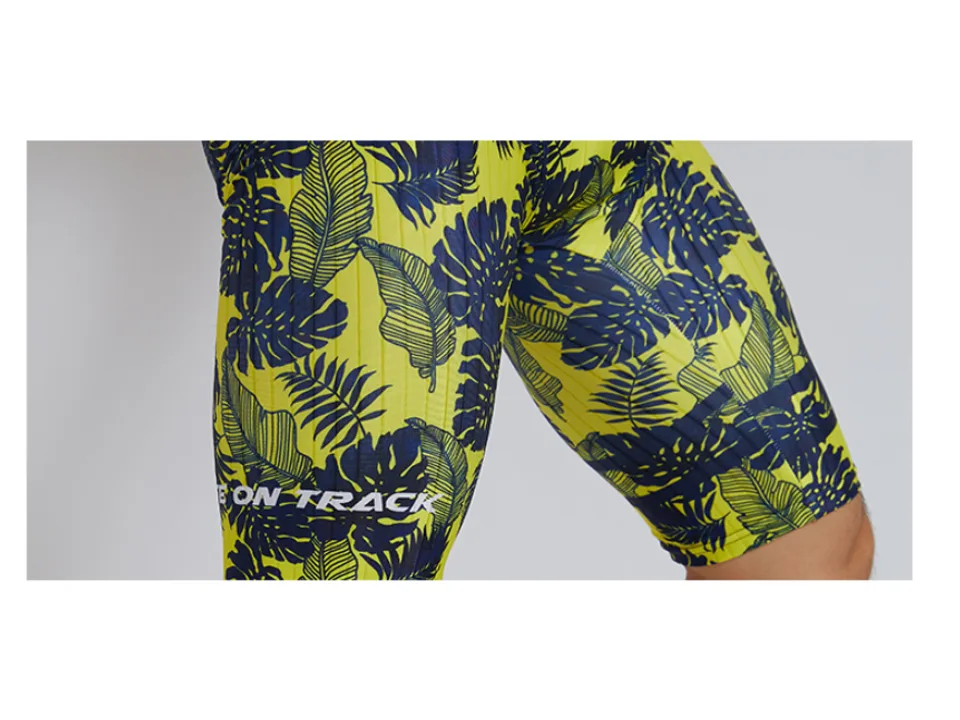 Close-up of the leaf-patterned fabric on the swim jammers.
