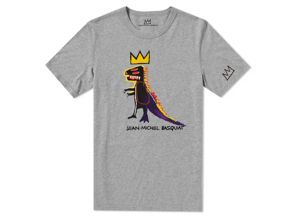 Grey t-shirt with a dinosaur graphic print and Jean-Michel Basquiat text.
