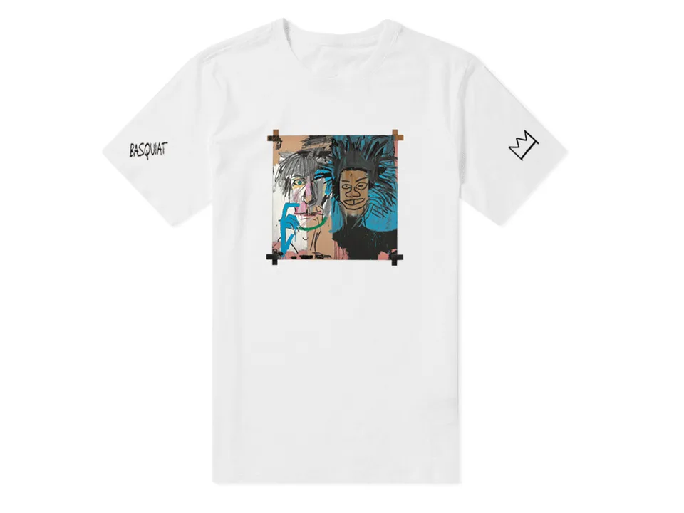 White t-shirt with an abstract portrait graphic print and Basquiat text.