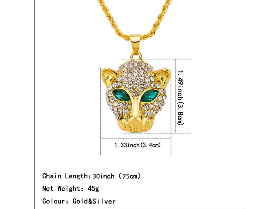 Gold leopard head pendant necklace with green eyes and crystal stones, showing dimensions.
