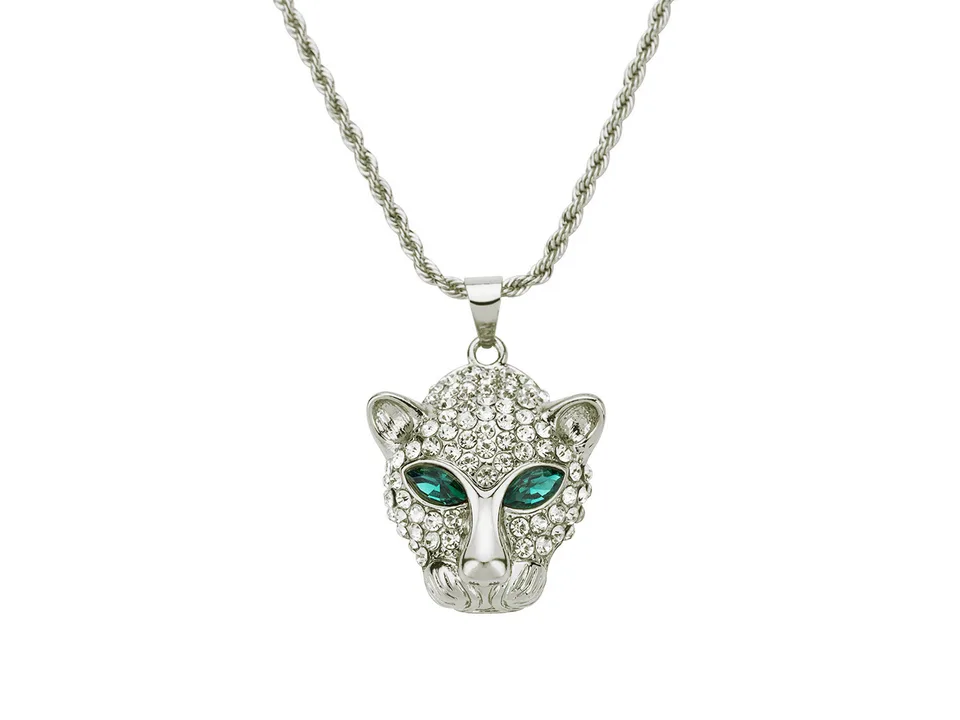 Silver leopard head pendant necklace with green eyes and crystal stones.