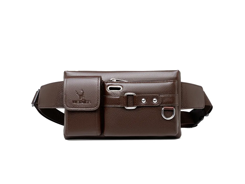 Brown leather waist bag, front view
