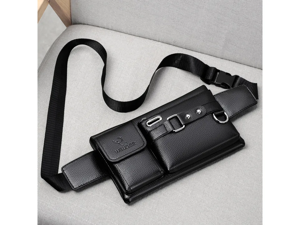Black leather waist bag with adjustable strap