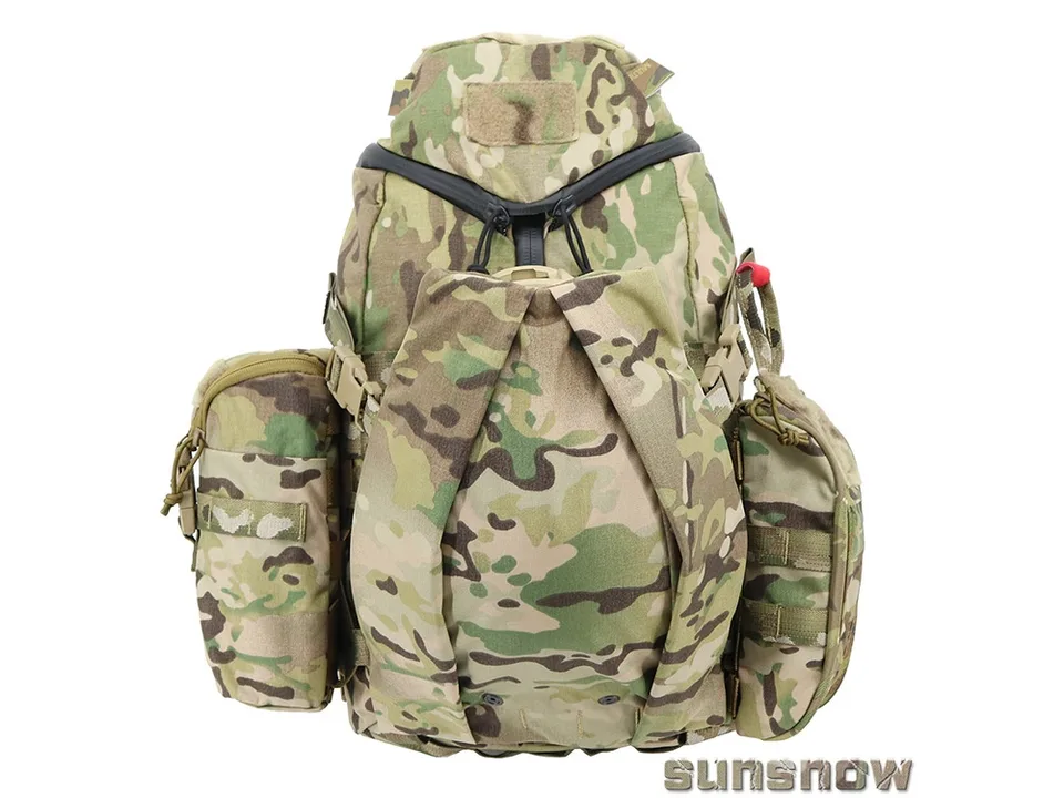 Tactical utility pouch attached to the side of a camouflage backpack.