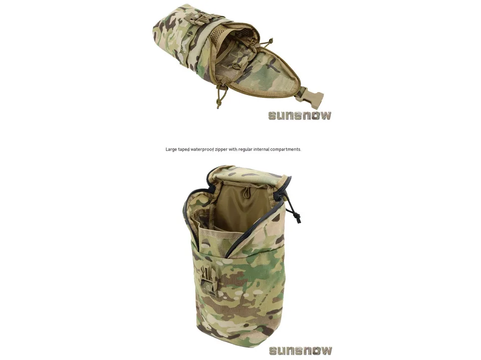 Open tactical pouch showing internal compartments and taped waterproof zipper.