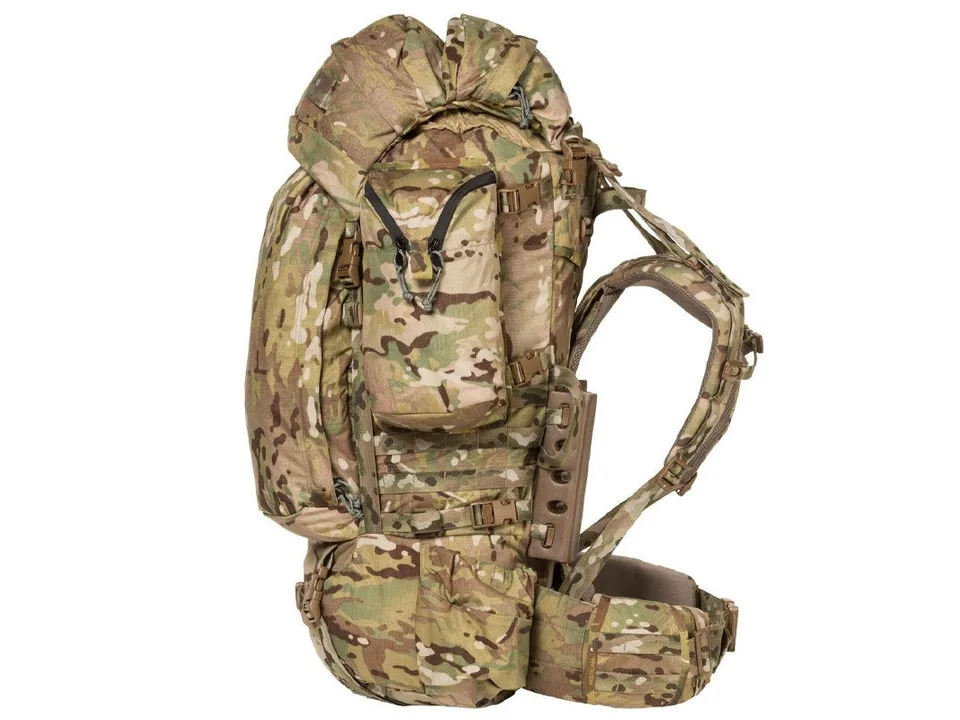 Tactical utility pouch mounted on the side of a large military-style backpack.