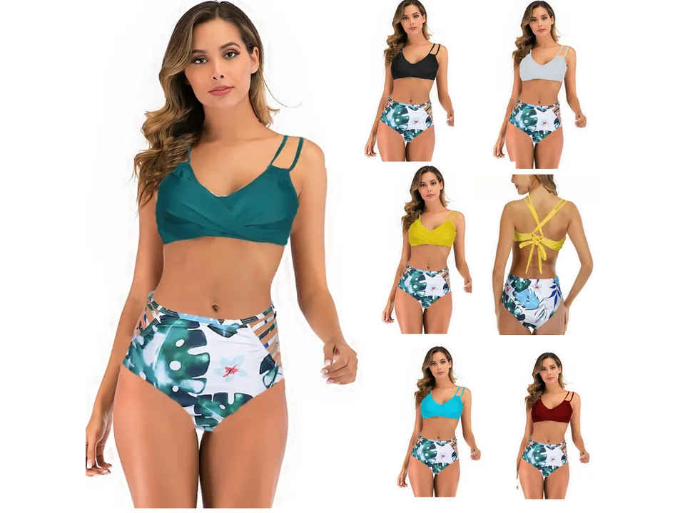A collage showing the bikini set in several different solid top colors with the same tropical print bottom.