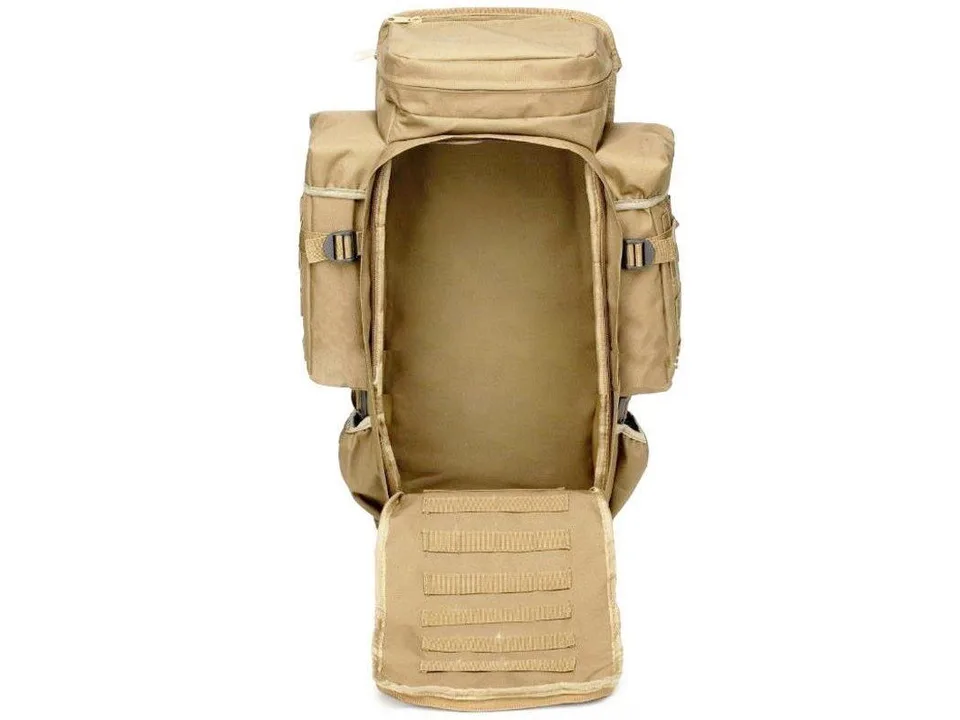Tan backpack with main compartment open