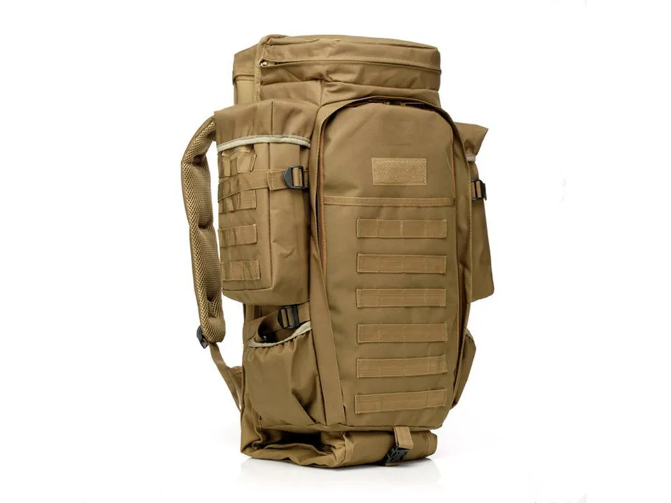 Tan tactical mountaineering backpack, side view