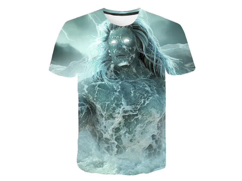 Graphic t-shirt featuring a glowing, icy sea god figure.