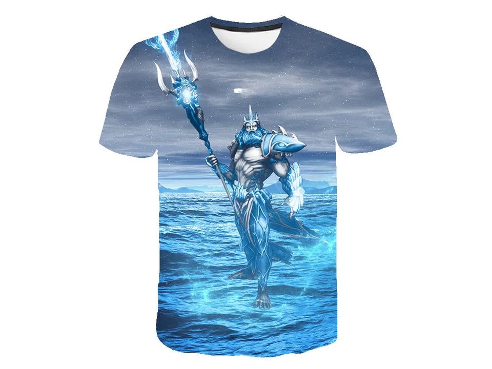 Graphic t-shirt featuring a blue sea god holding a trident.
