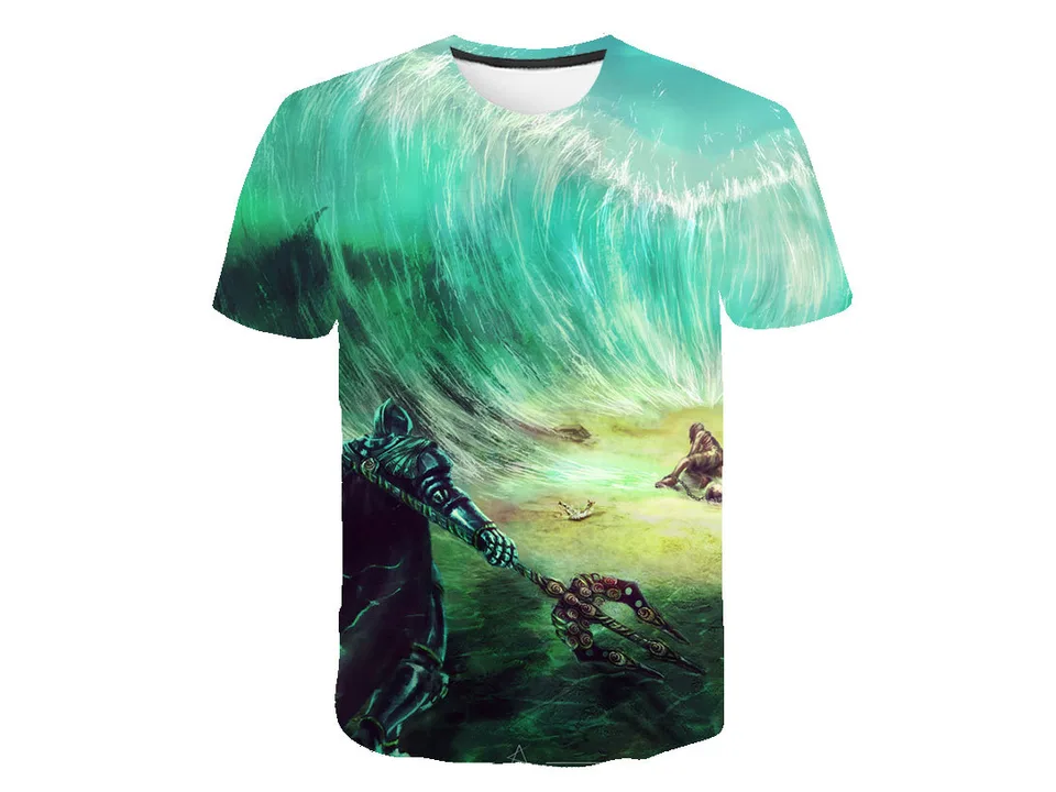 Graphic t-shirt featuring a knight with a trident facing a large wave.