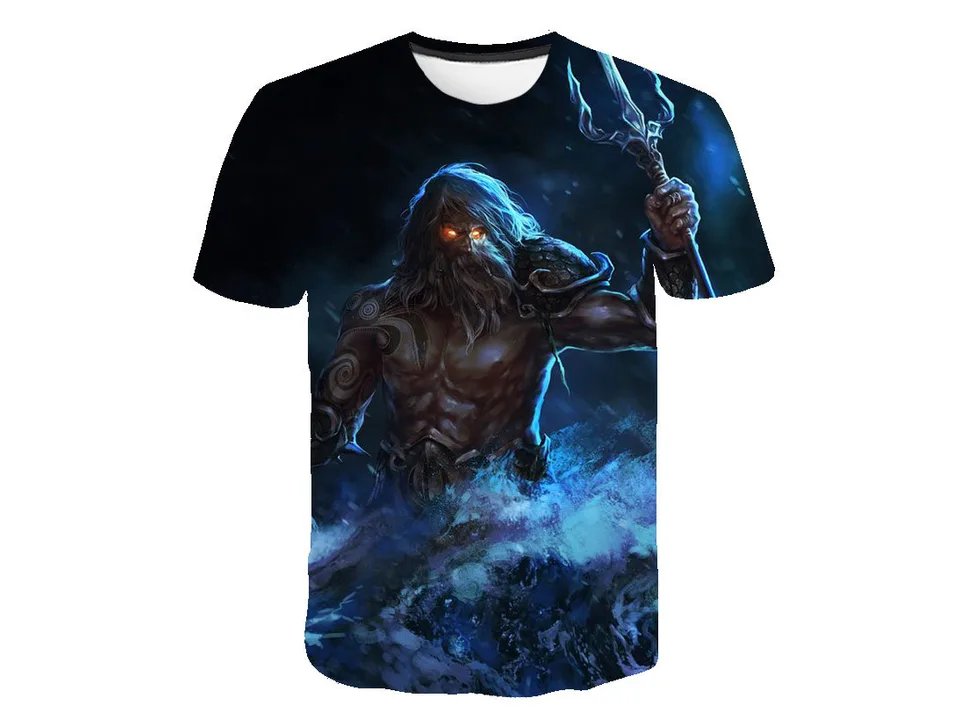 Graphic t-shirt featuring a dark, bearded sea god with glowing eyes holding a trident.