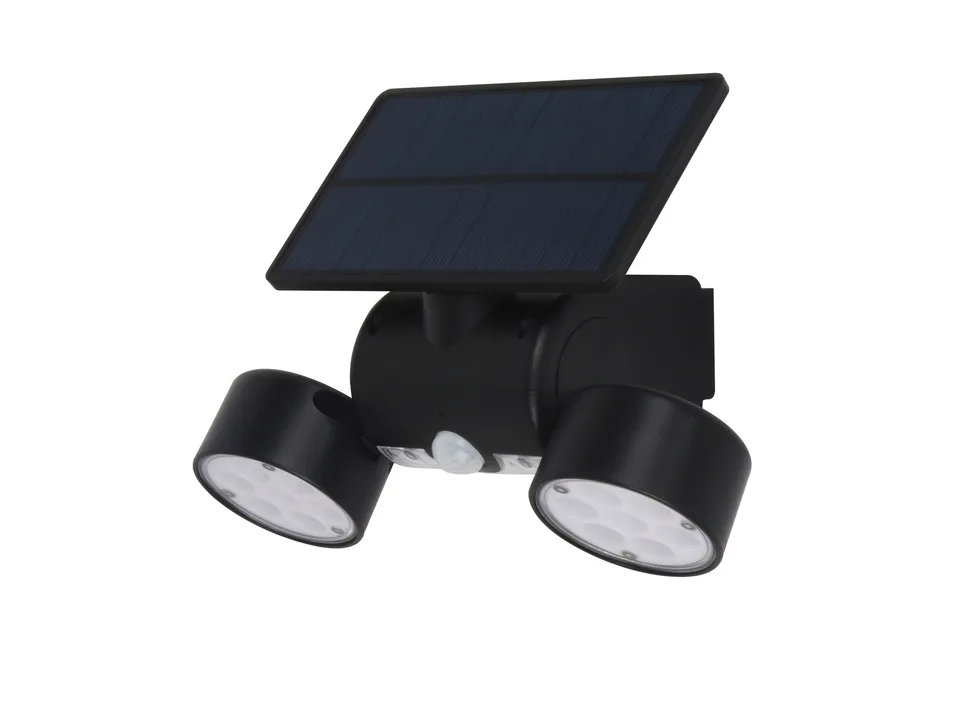 Solar garden light with dual heads and motion sensor, angled view.