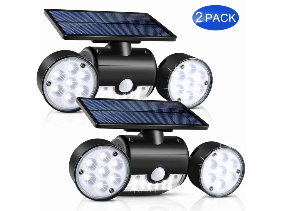 Two solar garden lights with motion sensors.