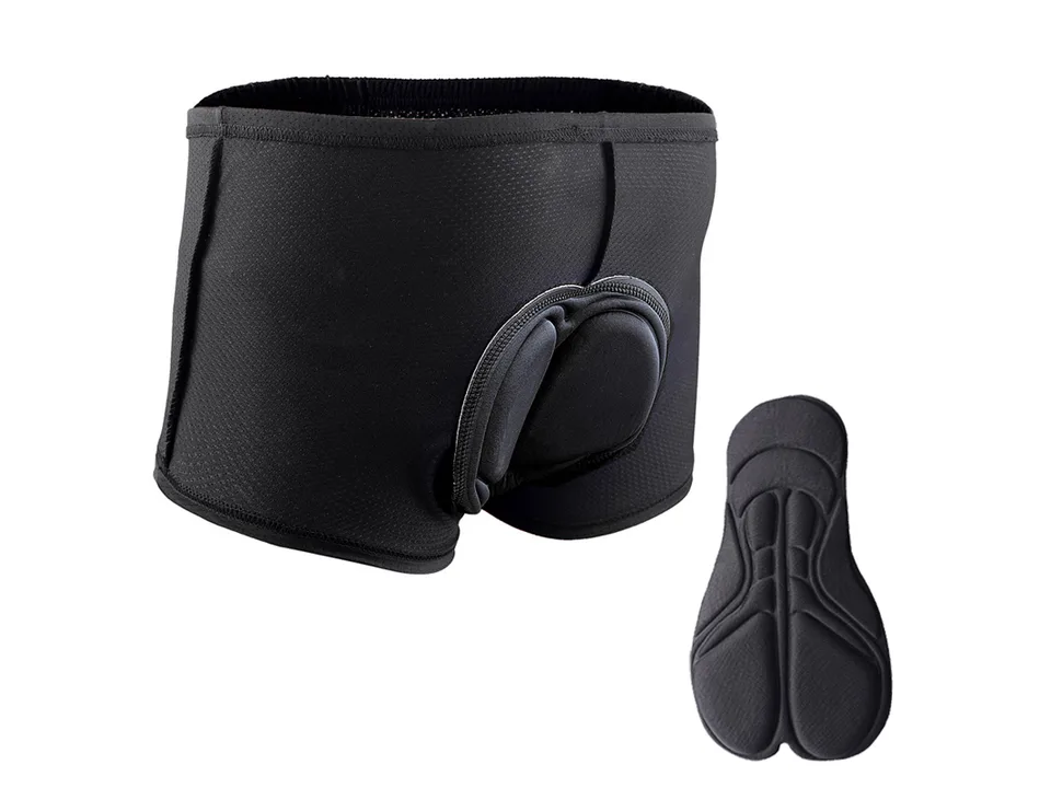 Black padded cycling shorts shown next to the removable 3D cushion insert.