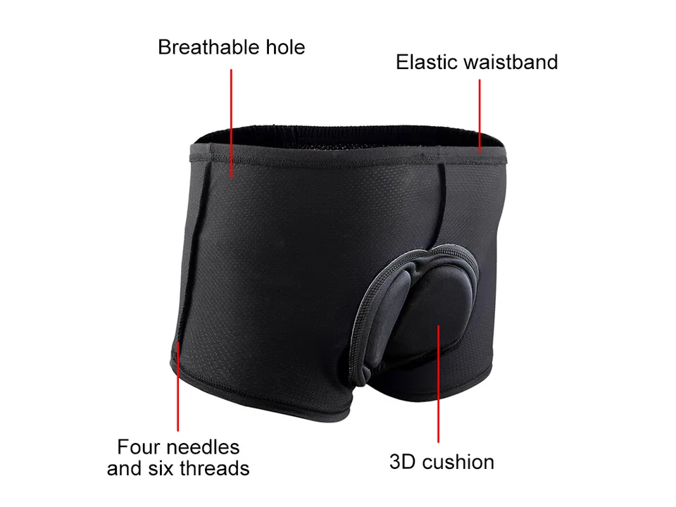Black padded cycling shorts with labels pointing to the breathable hole, elastic waistband, 3D cushion, and stitching.