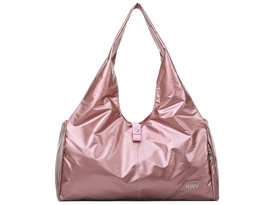 Metallic pink one-shoulder yoga duffel bag