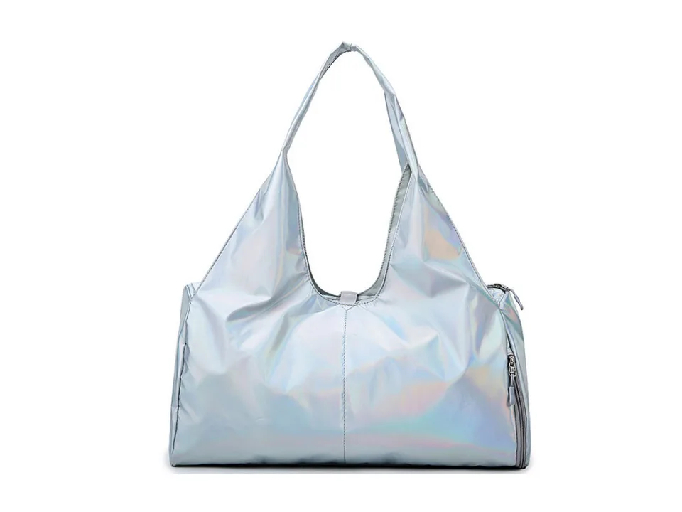 Metallic silver one-shoulder yoga duffel bag