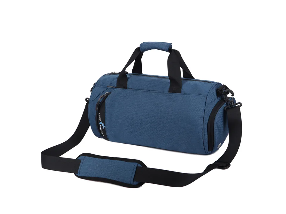 Blue gym duffel bag with shoulder strap