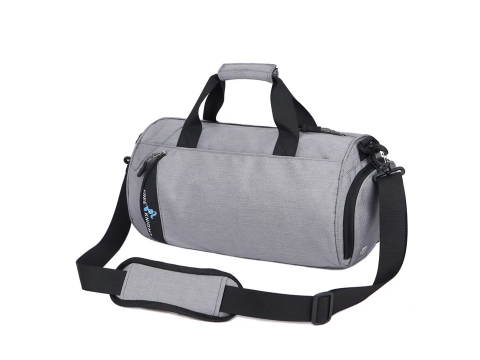 Light grey gym duffel bag with shoulder strap