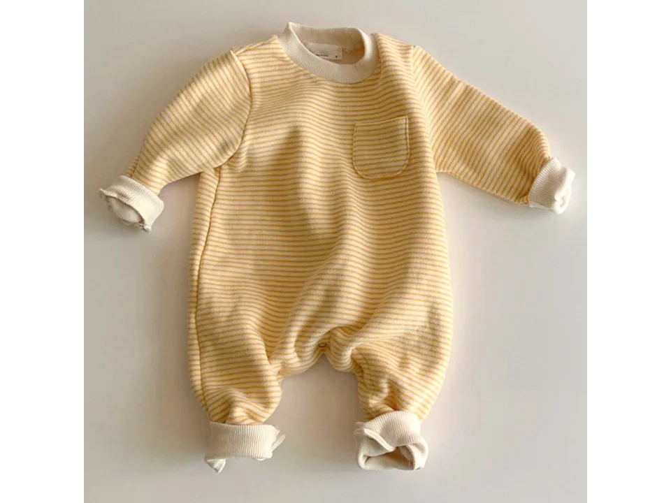 A yellow and white striped long-sleeve baby jumpsuit with a small chest pocket.